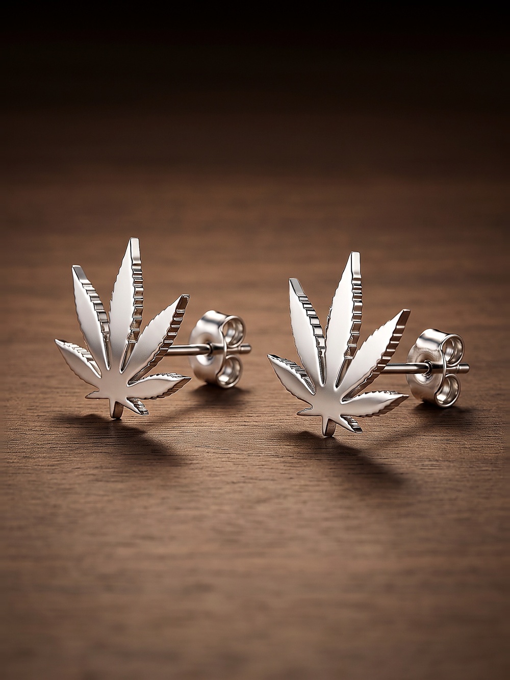 Silver Tone weed cannabis Leaf Stud Earrings Waterproof Stainless Steel Women